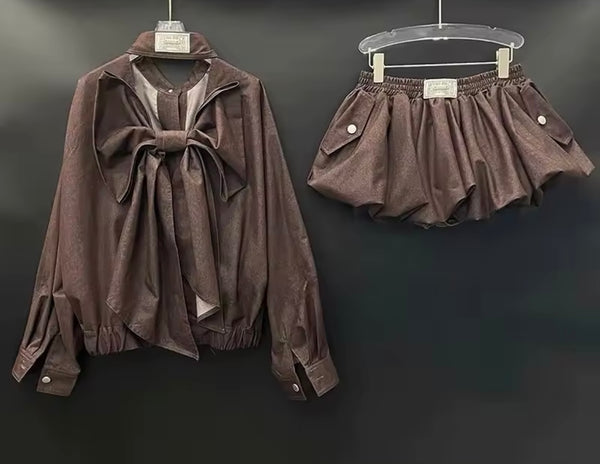 Women Fashion Button Up Bow Full Sleeve Two Piece Skirt Set