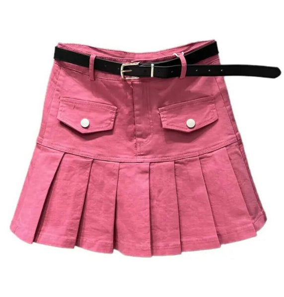 Women Pocket Pleated Fashion Denim Skirt