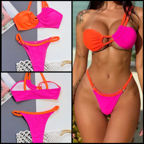 Women Sexy One Shoulder Color Patchwork Bikini Swimsuit