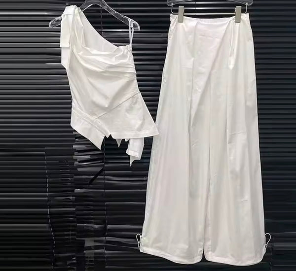 Women Tie Up One Shoulder Sleeveless Two Piece Wide Leg Pant Set
