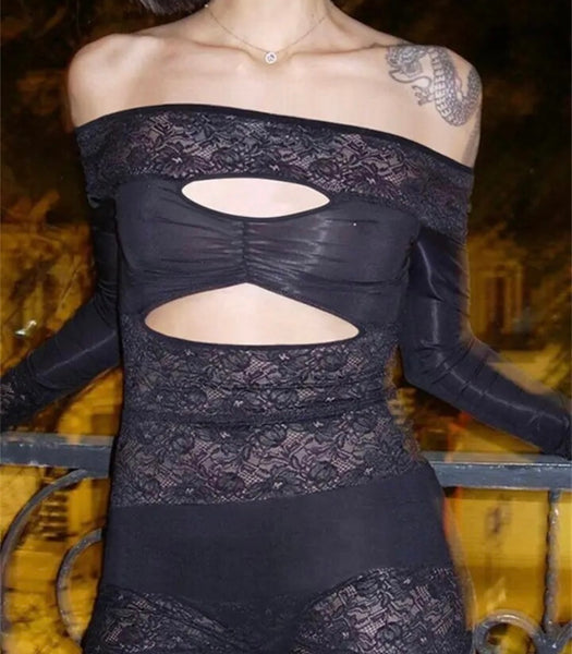 Women Sexy Off The Shoulder Full Sleeve Lace Romper