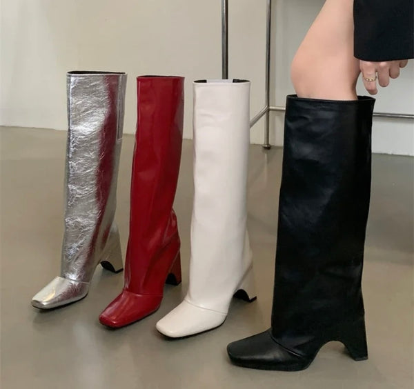 Women Fashion Square Toe Faux Leather Knee High Boots