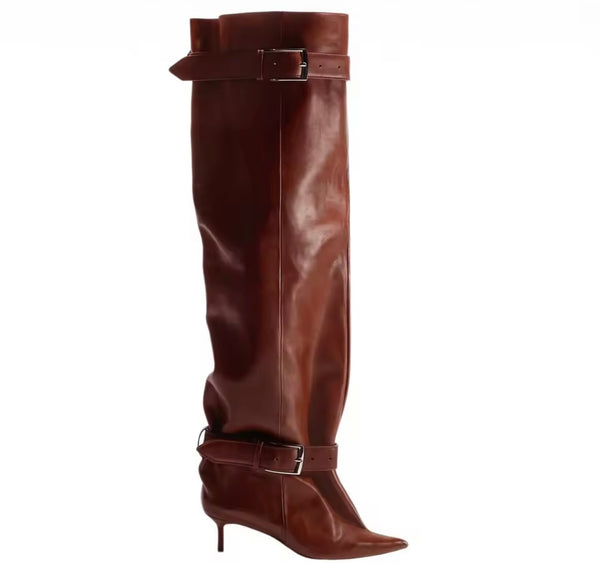Women Pointed Toe Double Buckle Knee High Boots