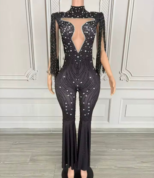 Women Black Beaded Rhinestone Tassel Jumpsuit