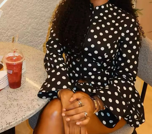 Women Fashion B&W Polka Dot Zip Up Two Piece Skirt Set