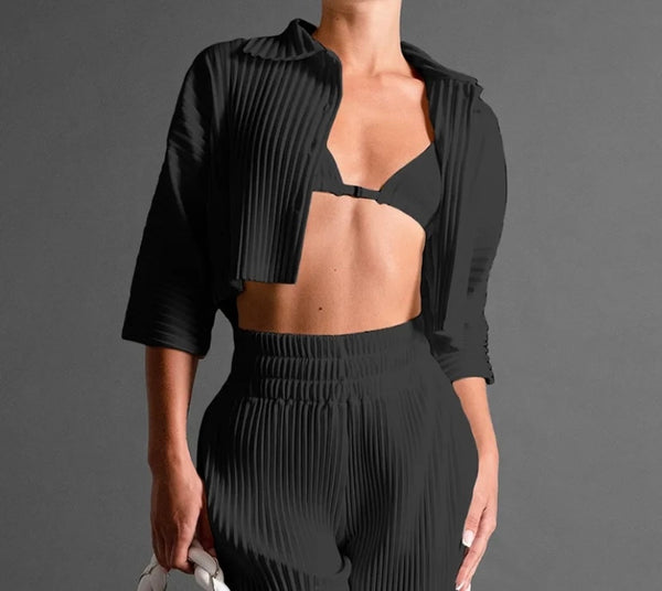 Women Sexy Solid Color Button Up Short Sleeve Crop Two Piece Pant Set