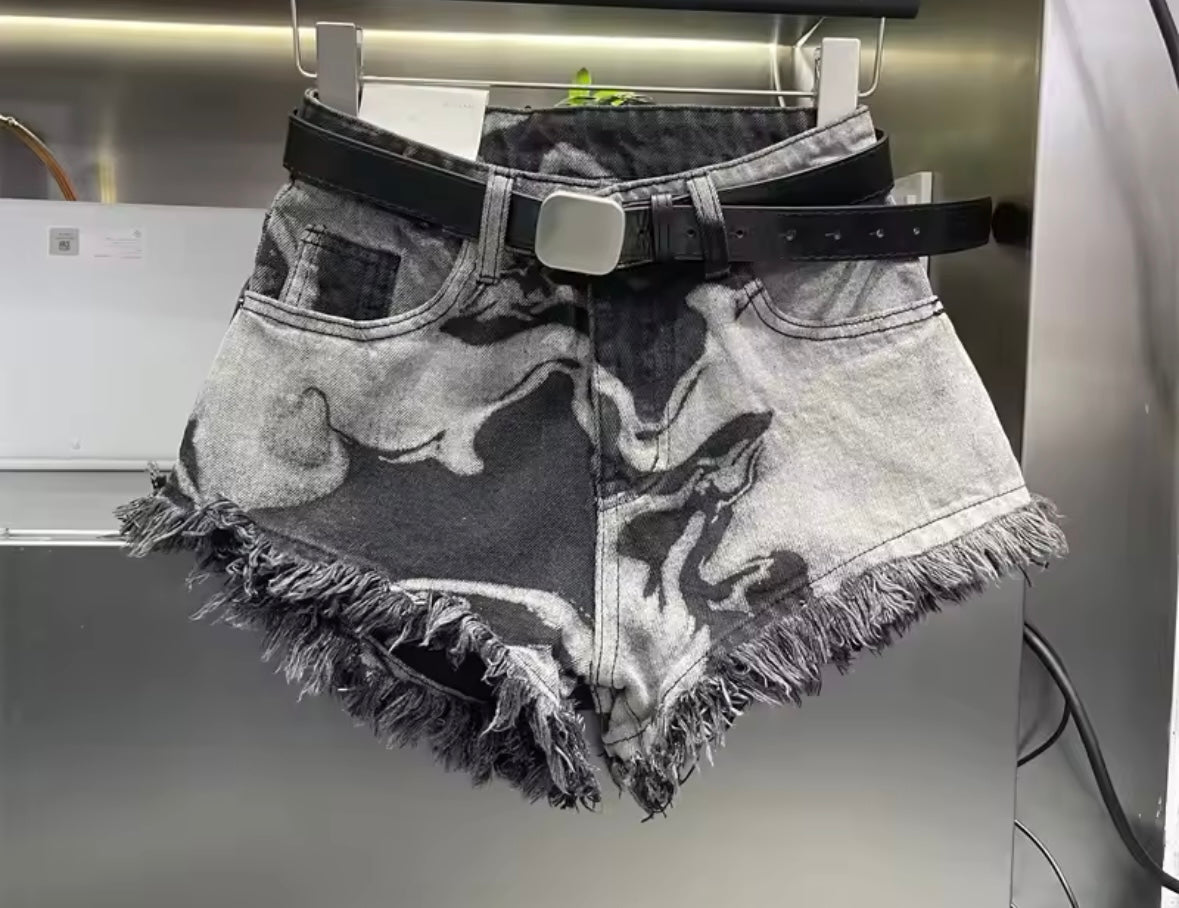 Women Fashion Tie Dye Fringe Denim Shorts