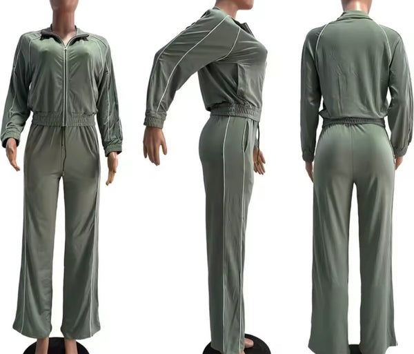 Women Fashion Striped Zip Up Tracksuit Two Piece Pant Set