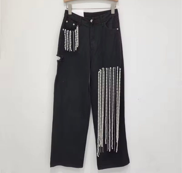 Women Color Cut Out Bling Pearl Tassel Denim Pants