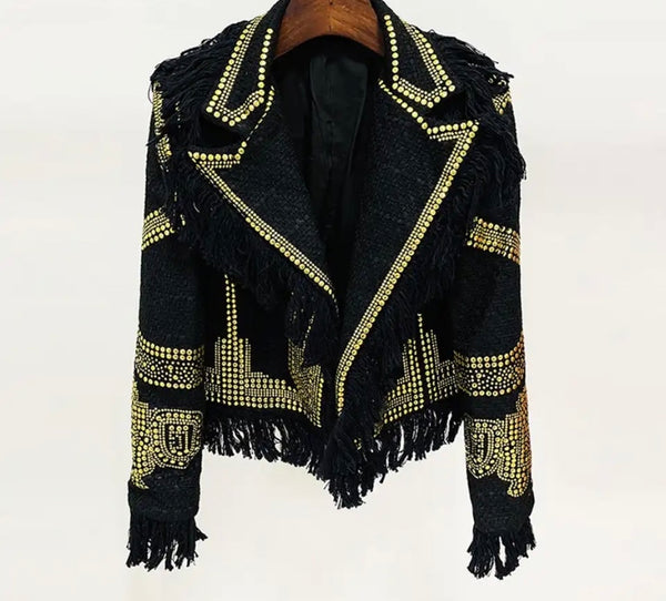 Women Gold Sequins Patchwork Fringe Blazer Jacket