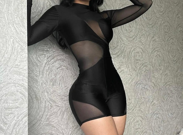 Women Sexy Black Full Sleeve Mesh Patchwork Romper