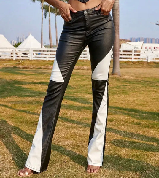 Women Fashion Color Patchwork PU Pants