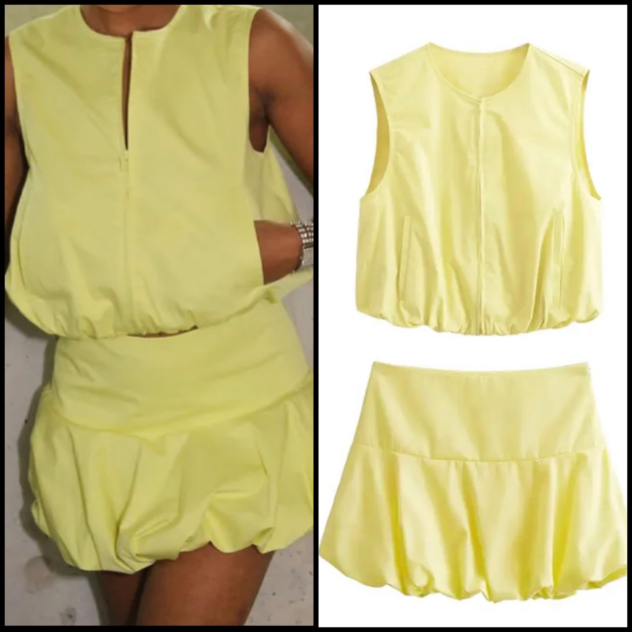 Women Yellow Front Zipper Sexy Sleeveless Two Piece Skirt Set