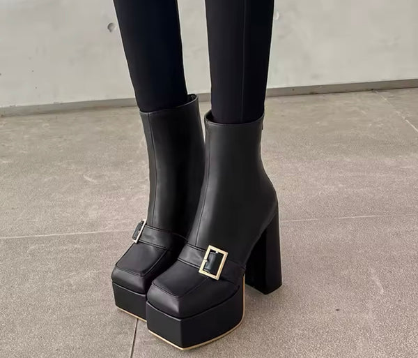 Women Color Fashion Square Toe Platform Buckled Ankle Boots