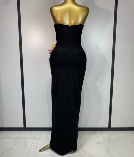 Women Sexy Strapless Black Floral Side Split Maxi Dress