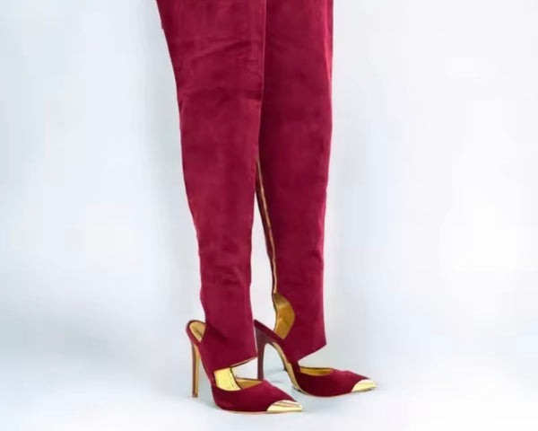 Women Burgundy Suede Over The Knee Gold High Heel Boots