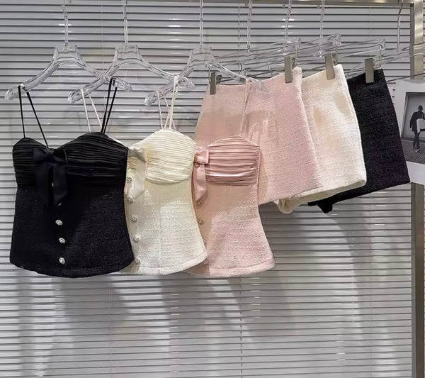 Women Sleeveless Bow Color Two Piece Short Set