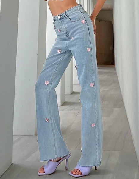 Women Fashion Pink Crystal Heart Patchwork Denim Pants