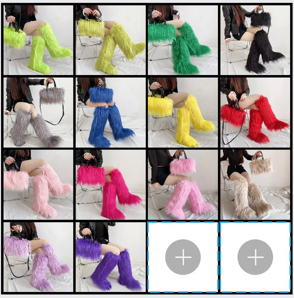 Women Fashion Color Faux Fur Knee High Boots Purse Set