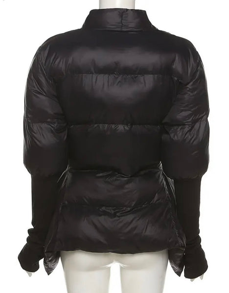 Women Fashion Black Belted Puff Jacket