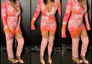 Women Pink Bandanna Print Long Flare Sleeve Drawstring Dress
