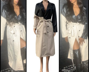 Women Fashion Faux Leather Khaki Belted Trench Coat