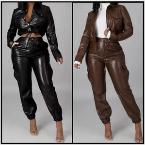 Women Two Piece Button Up Fashion Faux Leather Pant Set