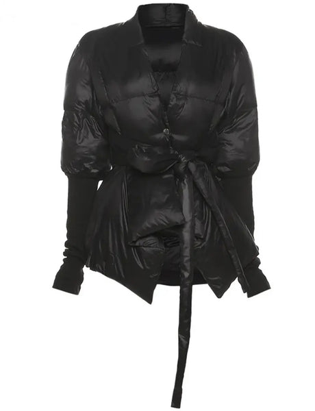 Women Fashion Black Belted Puff Jacket