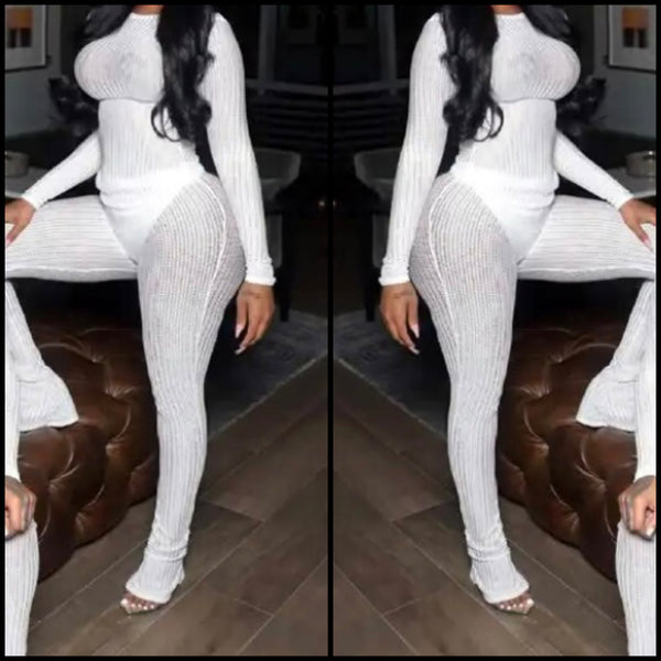 Women Sexy See Through Solid Color Full Sleeve Two Piece Pant Set