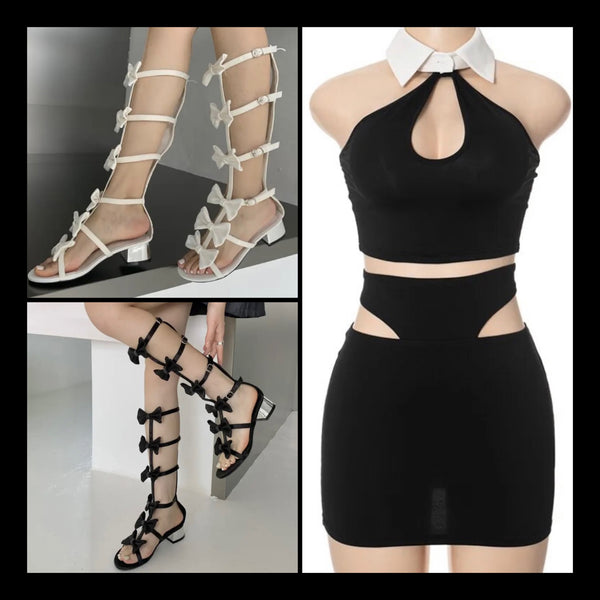 Women Sexy B&W Collar Sleeveless Two Piece Skirt Set