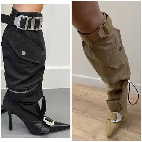 Women Fashion Pointed Toe Buckled Pocket Zipper Knee High Boots