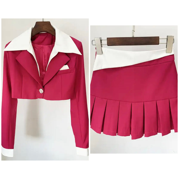 Women Color Patchwork Blazer Two Piece Pleated Skirt Set