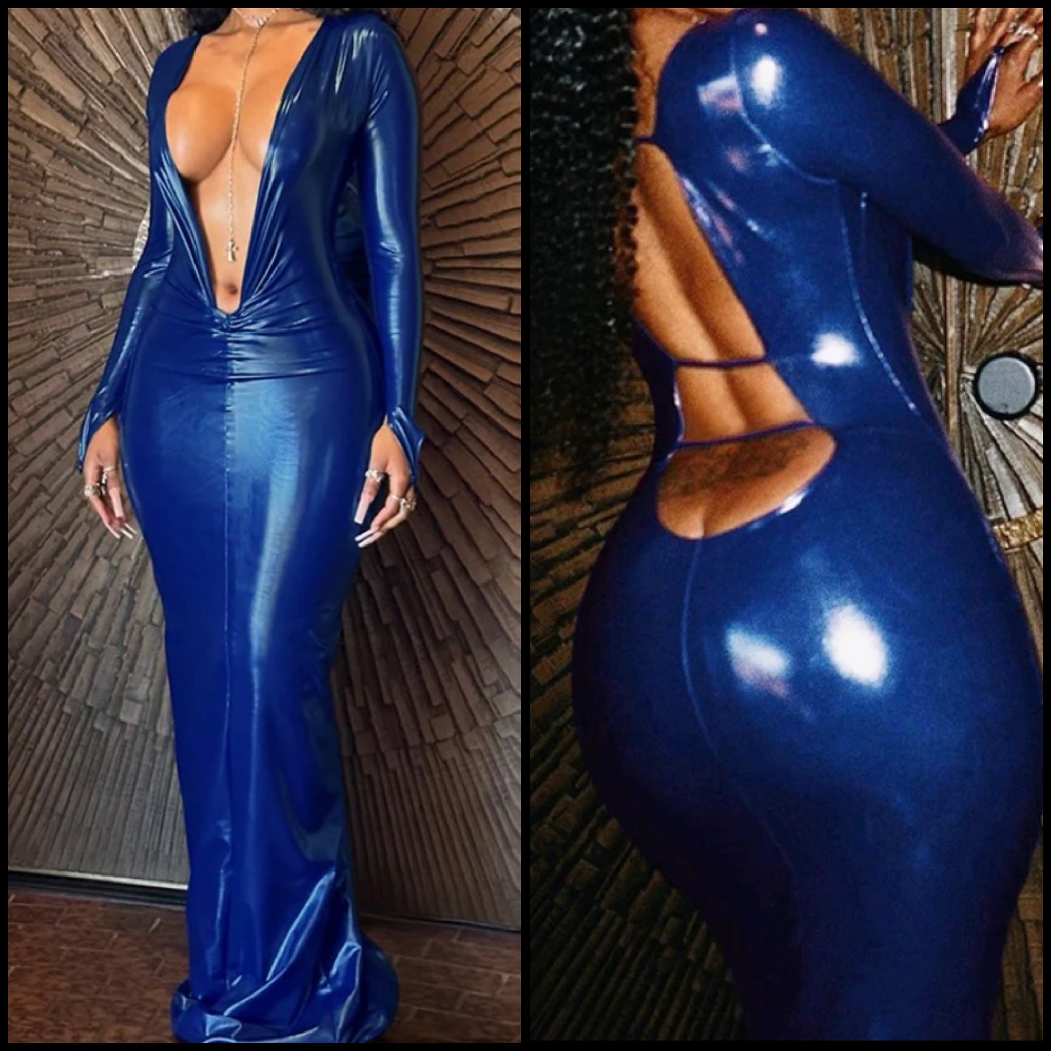 Women Sexy Blue Deep V-Neck Full Sleeve PU Maxi Dress