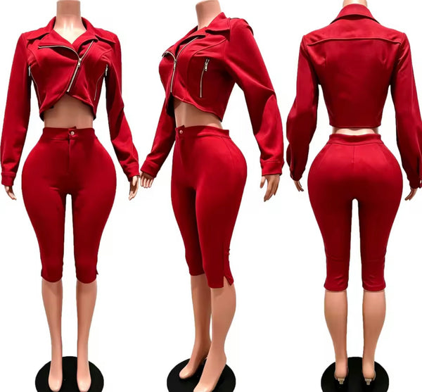 Women Color Zip Up Crop Jacket Two Piece Capri Pant Set