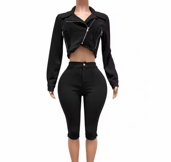 Women Color Zip Up Crop Jacket Two Piece Capri Pant Set
