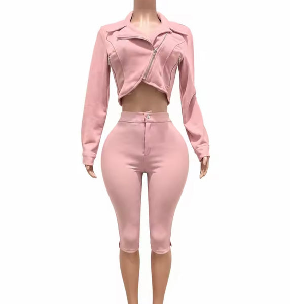 Women Color Zip Up Crop Jacket Two Piece Capri Pant Set