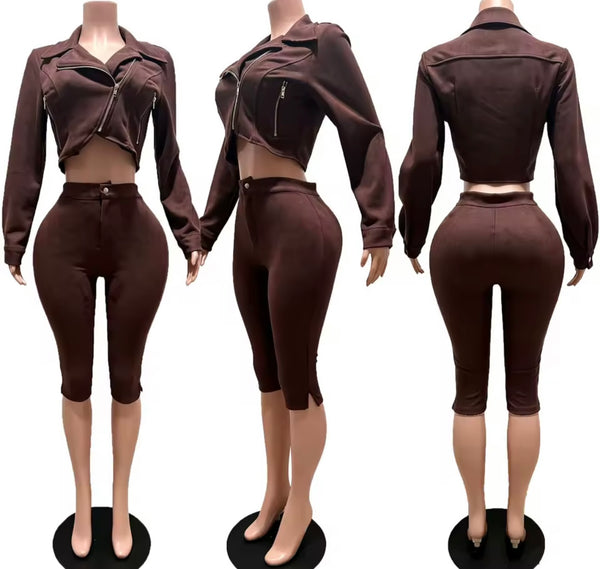 Women Color Zip Up Crop Jacket Two Piece Capri Pant Set