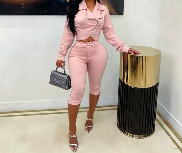 Women Color Zip Up Crop Jacket Two Piece Capri Pant Set