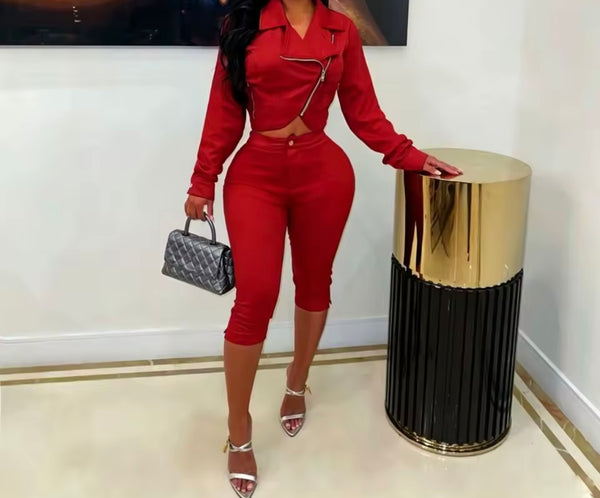 Women Color Zip Up Crop Jacket Two Piece Capri Pant Set