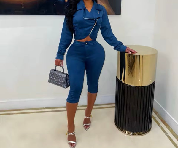 Women Color Zip Up Crop Jacket Two Piece Capri Pant Set