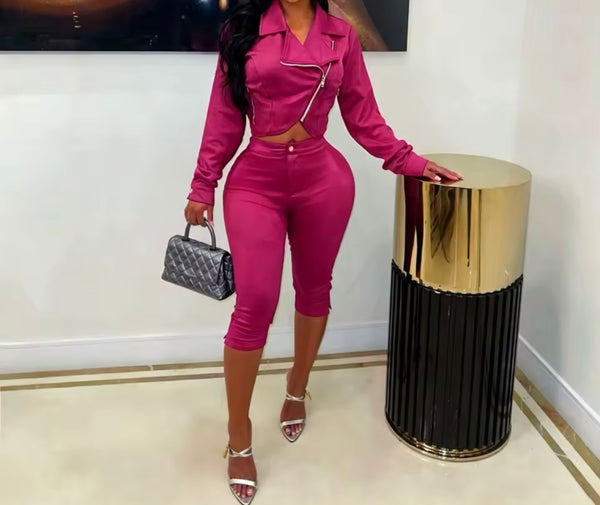 Women Color Zip Up Crop Jacket Two Piece Capri Pant Set