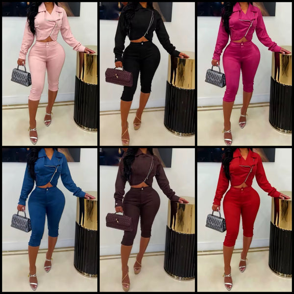 Women Color Zip Up Crop Jacket Two Piece Capri Pant Set