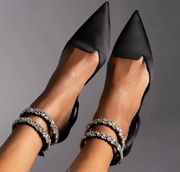 Women Pointed Toe Fashion Flat Rhinestone Ankle Strap Sandals