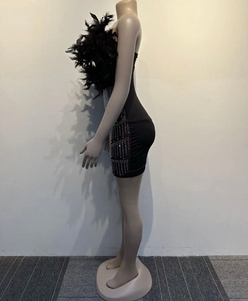 Women Sexy Feather Strapless Bling Mesh Patchwork Dress