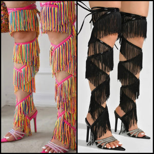 Women Rhinestone Open Toe Tassel Lace Up Sandals