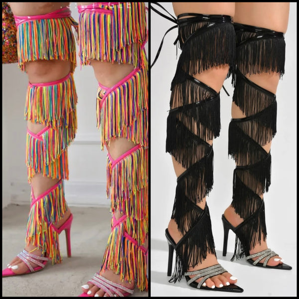 Women Rhinestone Open Toe Tassel Lace Up Sandals