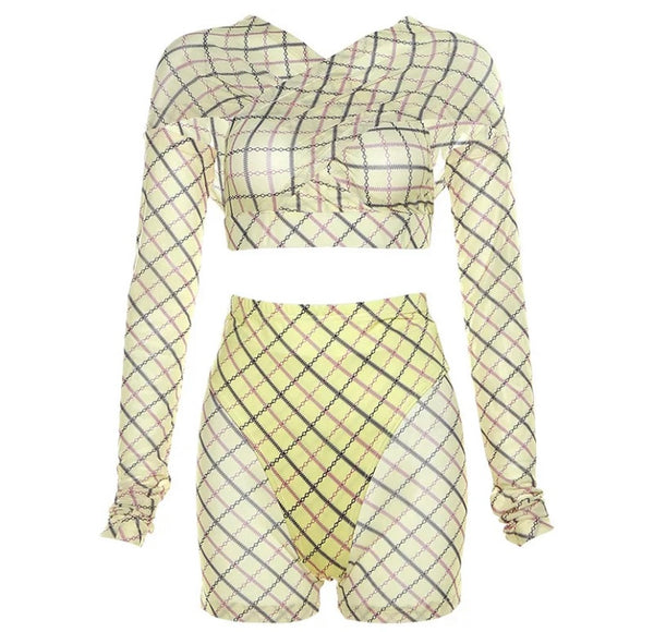 Women Yellow Printed Fashion Full Sleeve Mesh Two Piece Short Set