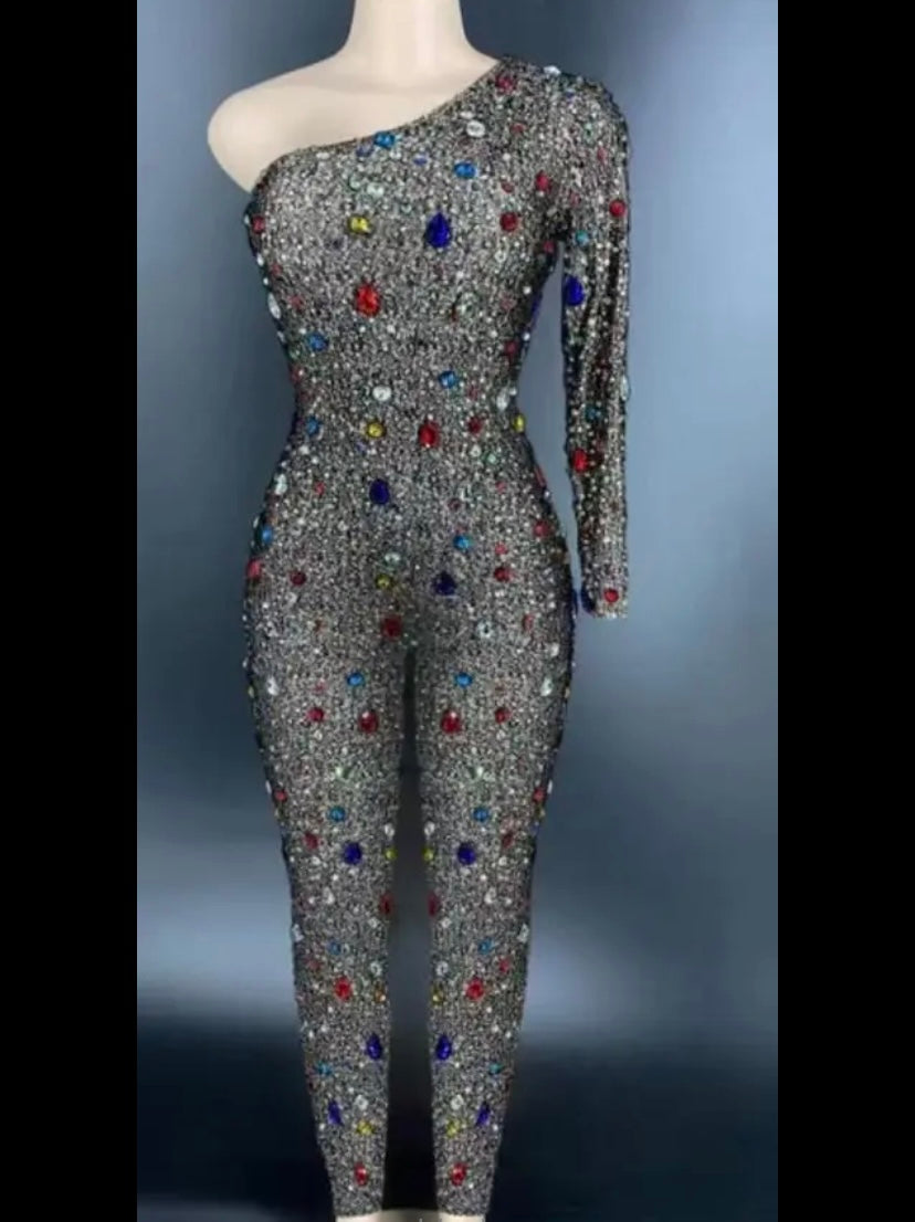 Women One Shoulder Bling Gem Fashion Jumpsuit