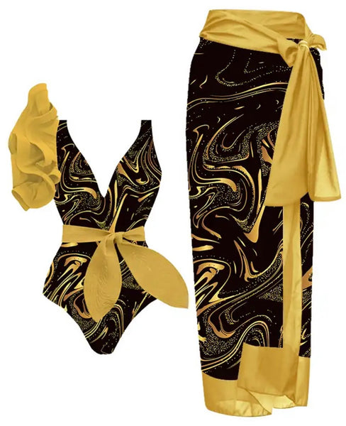 Women Sexy Ruffled Printed Swimsuit Cover Up Set