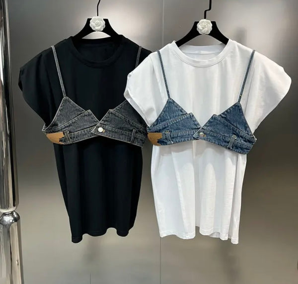 Women Fashion Short Sleeve Denim Patchwork Two Piece Top